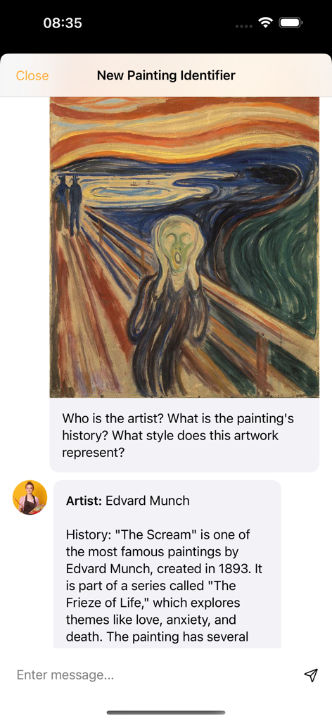 Una interfaz de chat dentro de la aplicación Identificador de Pinturas identificando El Grito de Edvard Munch.