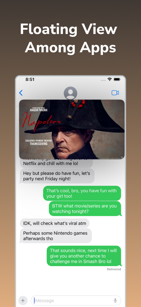 Pip Up: Persist/Float Post-It - iPhone screen showing a floating window with a movie poster over a text messaging app for multitasking