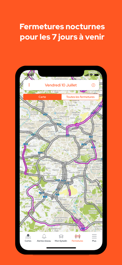Interfaccia dell'app SYTADIN che mostra una mappa della regione di Parigi con le chiusure stradali programmate evidenziate in viola.