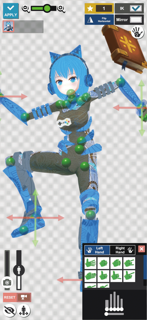 VRM Posing Mobile - Interface of the VRM Posing Mobile app showing a 3D anime character model with joint nodes for posing