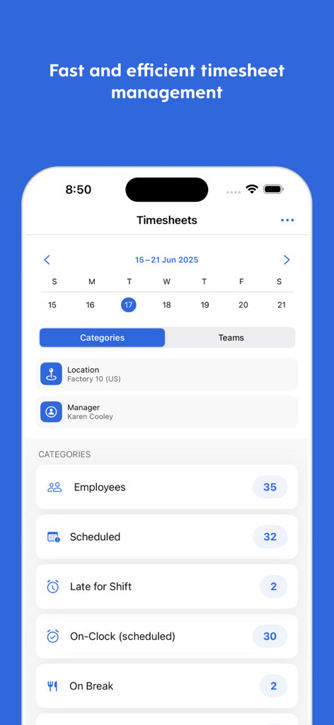 Un écran de téléphone mobile montrant l'interface de gestion des feuilles de temps de l'application Dayforce avec des catégories de quarts et des outils de gestion.