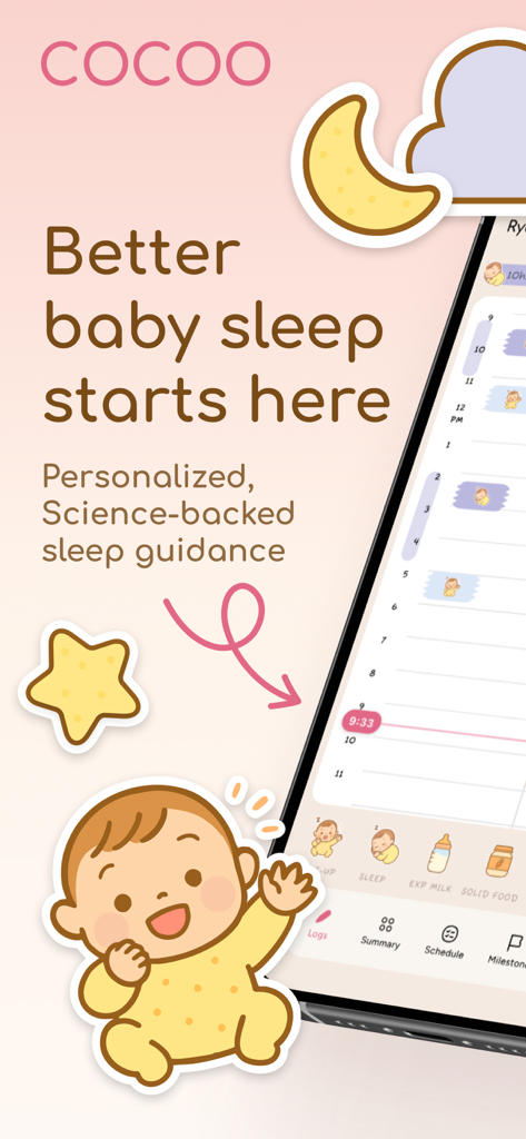 Cocoo: AI Baby Sleep Debugger - Cocoo baby sleep tracker app interface with personalized science backed guidance