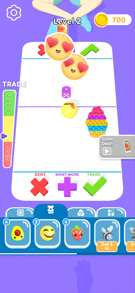 Fidget Trading 3D- Toy Collect - Une interface de tableau d'échange dans Fidget Trading 3D montrant un pop-it en forme de cupcake et des jouets emoji en cours d'échange.