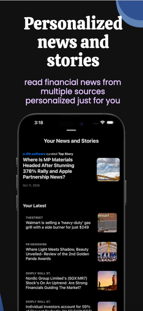 Stock Market - AI Insights - A mobile app screen showing a personalized financial news feed with articles from multiple sources