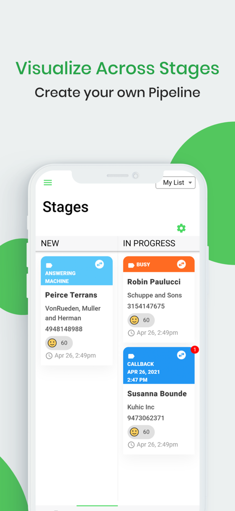 GoDial - Auto Call Dialer CRM - GoDial mobile app interface showing a sales pipeline with contacts in different stages like New and In Progress.