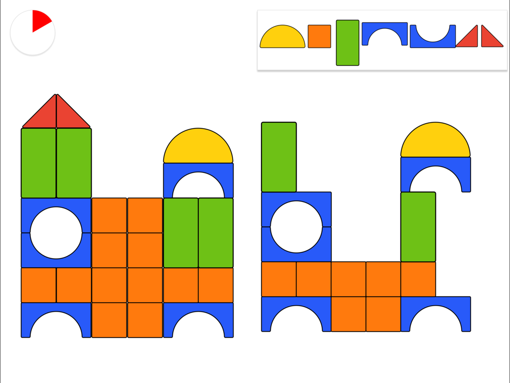 Banedi - A digital neuropsychological test screen showing a visuospatial block construction task with colorful geometric shapes for childhood cognitive assessment.
