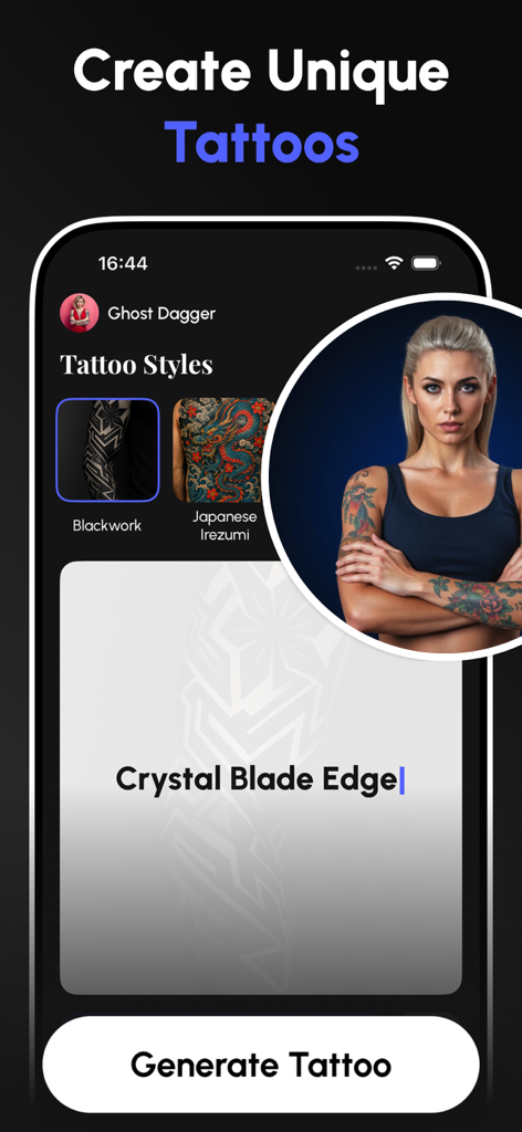 AI Tattoo Design - AI Ink - Interfaz de la aplicación AI Tattoo Design mostrando opciones para generar tatuajes únicos a partir de prompts de texto con varios estilos como Blackwork y Japonés Irezumi