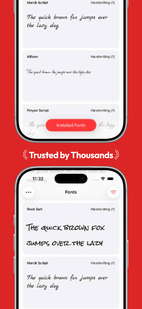Fontastic - Install Fonts - Two iPhone screens showing a variety of handwriting fonts available in the Fontastic app