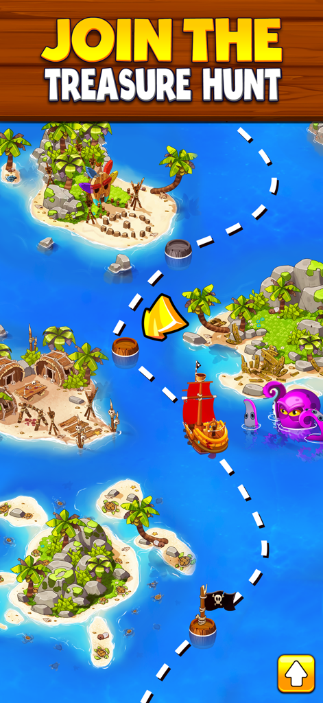 Prize Blast - Um navio pirata a navegar por um caminho pontilhado num mapa de caça ao tesouro numa ilha tropical