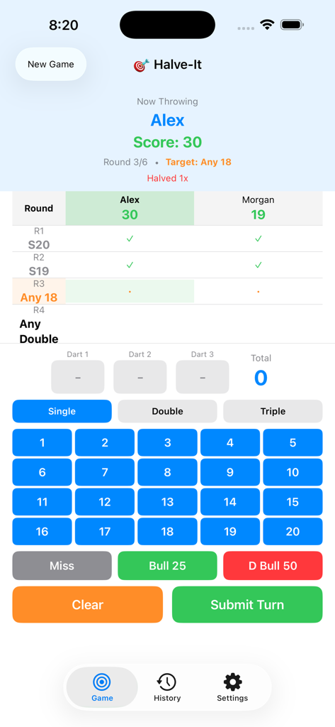 다트 게임 모바일 앱의 Halve-It 게임 모드 채점 인터페이스