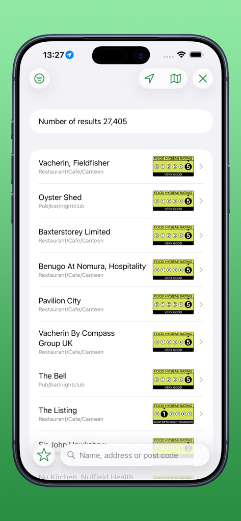 UK Food Hygiene Ratings - Mobile app screen displaying a list of UK restaurants and their official food hygiene ratings
