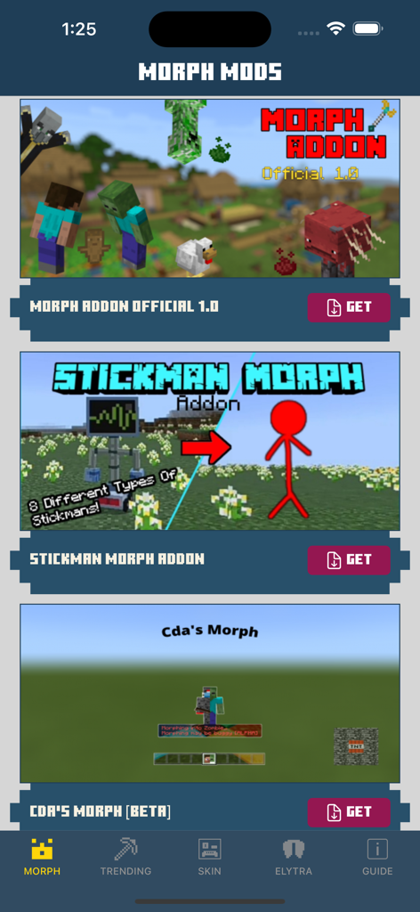 MCPE MORPH MODS FOR MINECRAFT - Selection menu for various morphing addons in the Minecraft mods app featuring stickman and mob transformations