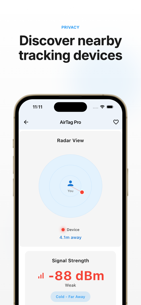 Tracker Detect + - Tracker Detect app interface displaying a radar view and signal strength to locate nearby tracking devices