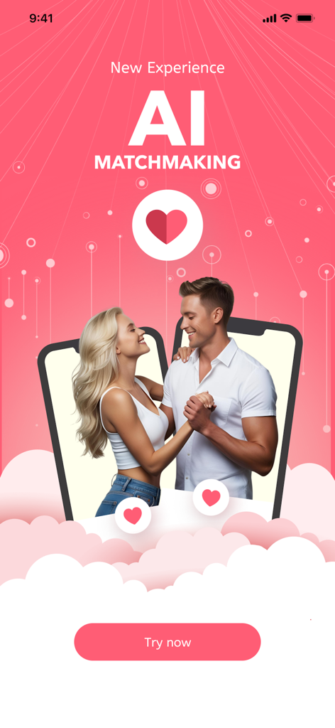 A smiling young couple holding hands on the Hullo AI matchmaking dating app screen