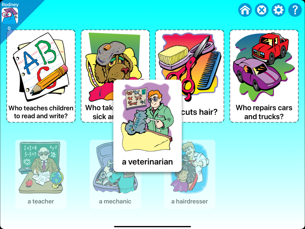 WH Question Cards - Pro: - Un'attività di abbinamento nell'app WH Question Cards Pro che mostra domande Chi e carte risposta illustrate raffiguranti professioni.