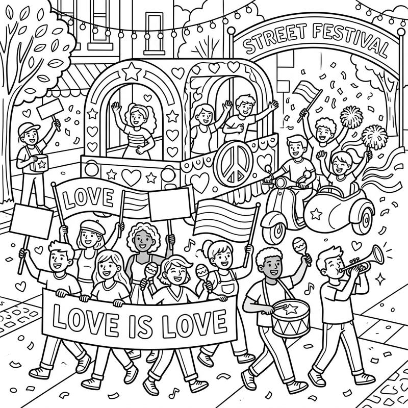 Immerse yourself in the vibrant energy of a street festival parade, bursting with joyful marchers and festive floats. This engaging coloring page captures the spirit of community and love, ready for your creative touch.