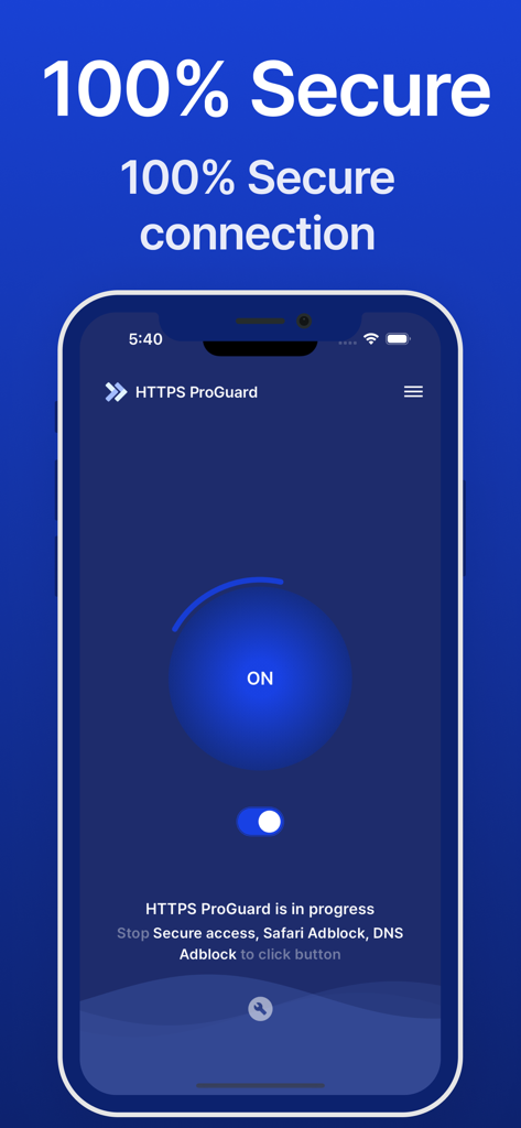 A smartphone displaying the HTTPS Guard Pro app interface with a large button indicating a secure connection is active.