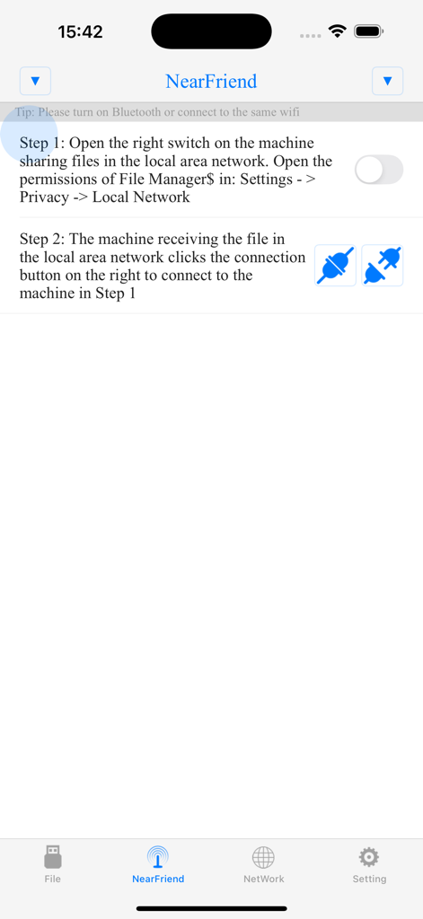 File Manager$ - NearFriend interface in the File Manager app showing instructions for sharing files over a local area network.