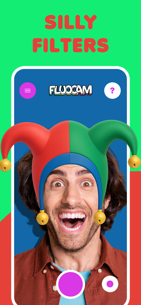 Funny face filters FluoCam - Un hombre con un filtro AR de sombrero de bufón 3D de colores en FluoCam