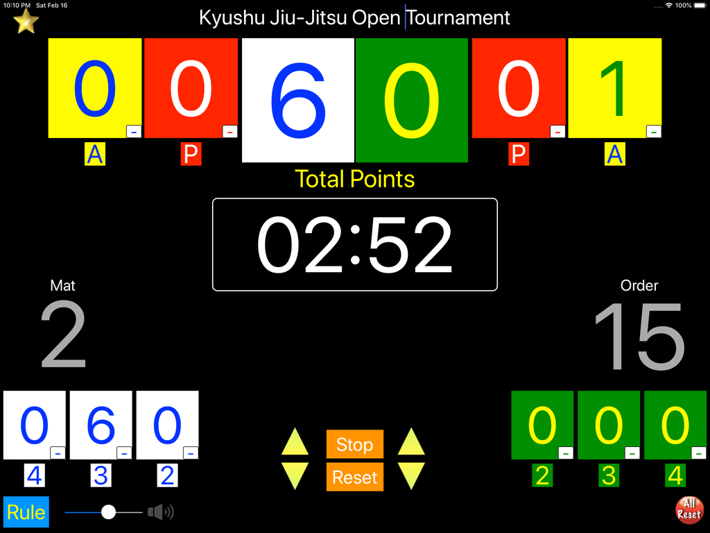Digital scoreboard and timer for Brazilian Jiu-Jitsu showing points advantages penalties and tournament details