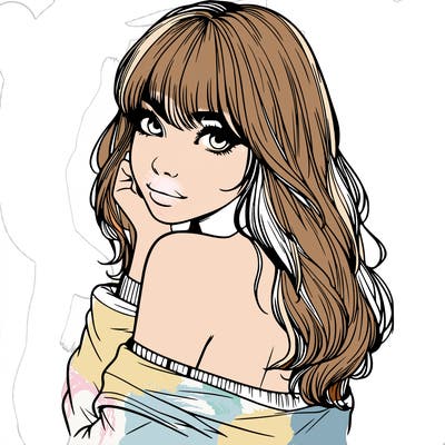 realistic girl with bangs looking over her shoulder