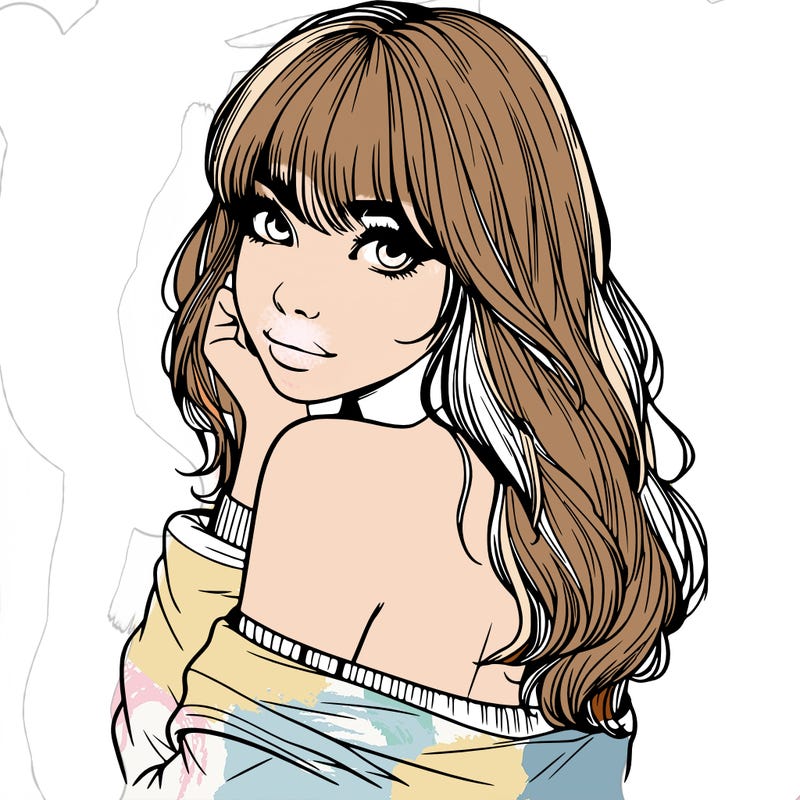 realistic girl with bangs looking over her shoulder