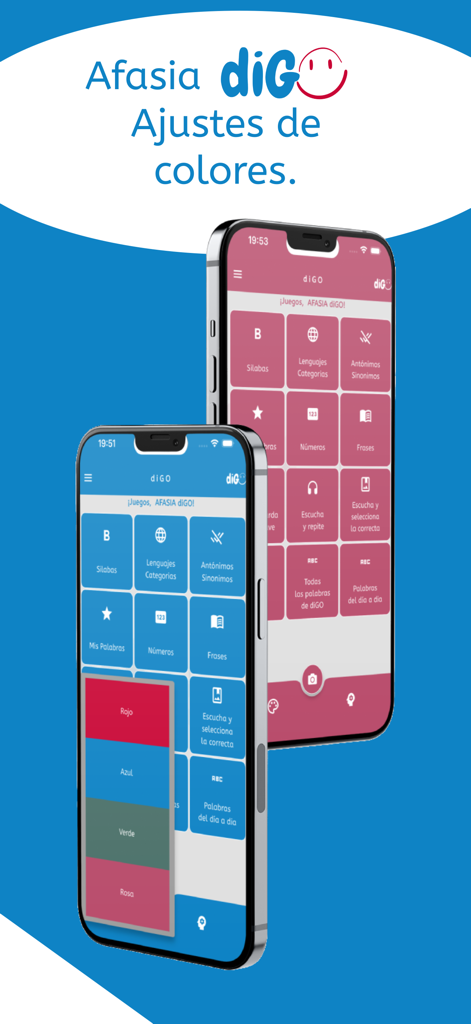 AFASIA diGO - La app AFASIA diGO mostrando configuraciones de tema de color personalizables para ejercicios de rehabilitación del habla.