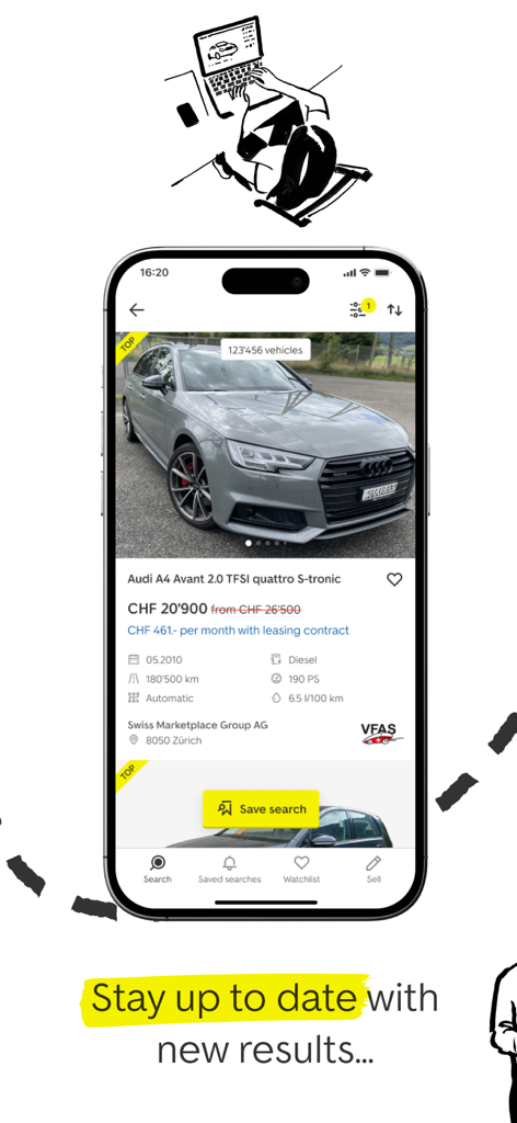 Interface de l'application mobile AutoScout24 Suisse affichant une annonce de voiture Audi A4 grise avec prix et détails techniques