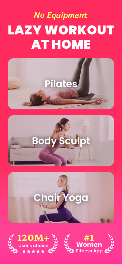 A mobile app screenshot for Workout for Women featuring lazy home workouts including pilates, body sculpt, and chair yoga