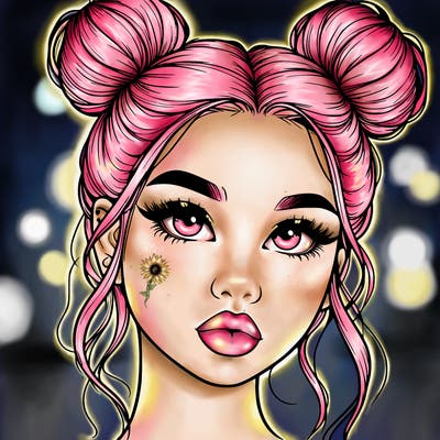 realistic girl with two buns on her hair and lips