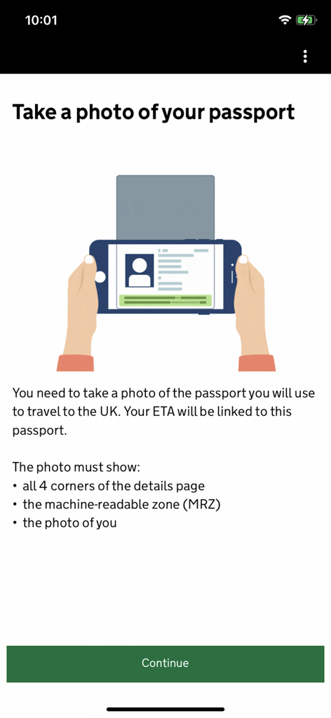 Instruction screen in the UK ETA app showing how to take a clear photo of a passport for travel authorisation.