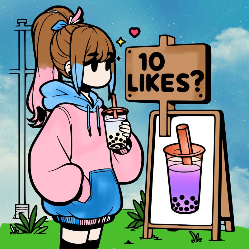 girl with oversized hoodie drinking boba and she has a high ponytail with a sign that says 10likes?