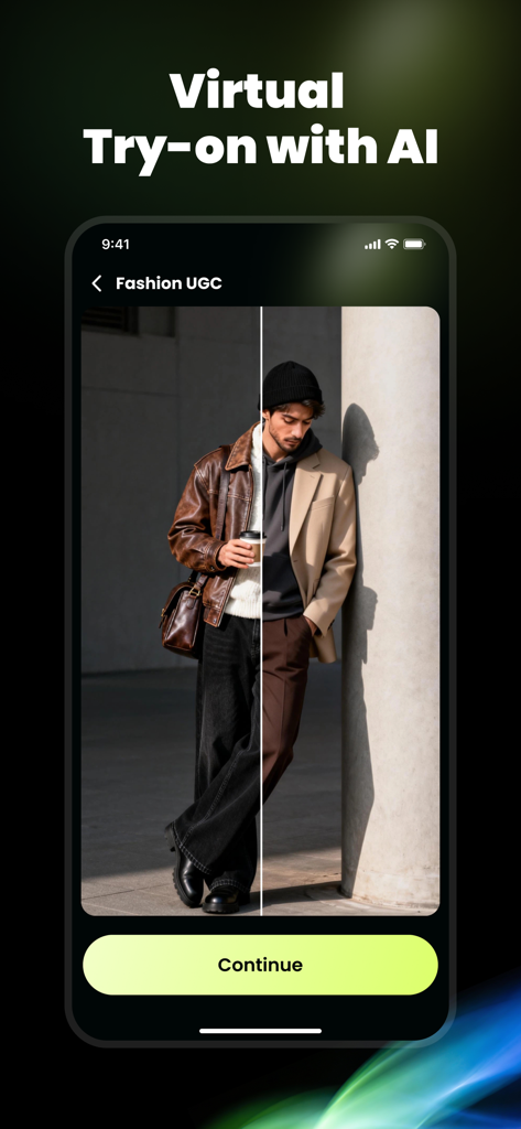 PixelSell-AI E-commerce Studio - Mobile app interface showing a virtual try-on feature with AI generated fashion models for e-commerce.