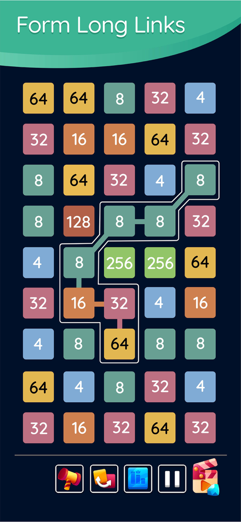 A screenshot of 2248 Number Puzzle showing a grid of colored tiles with a line connecting a sequence of numbers to form a long link.