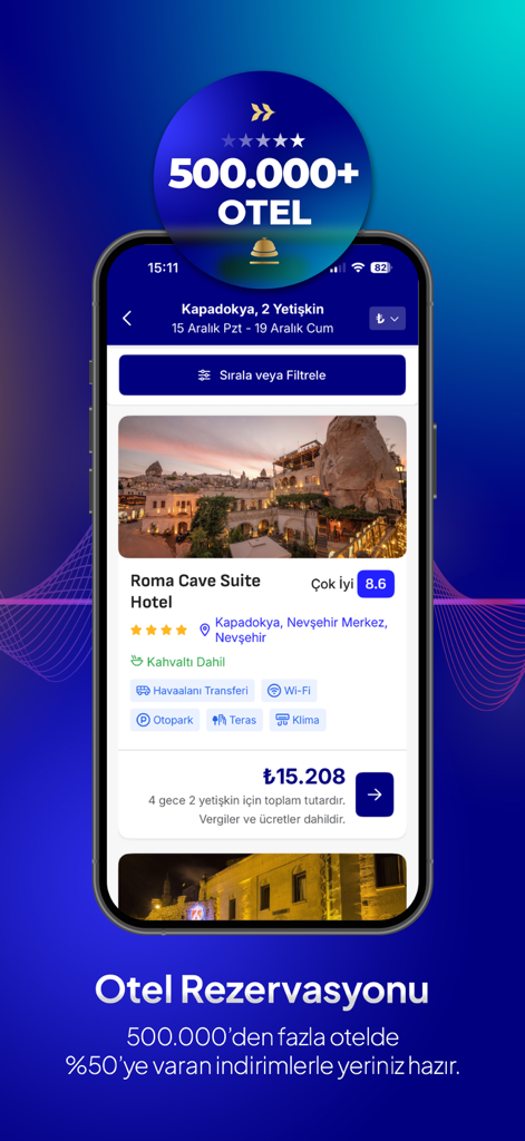 Turna - Uçak Otel Otobüs Araç - Turna Reise-App Hotelreservierungsbildschirm mit Hotels in Kappadokien.