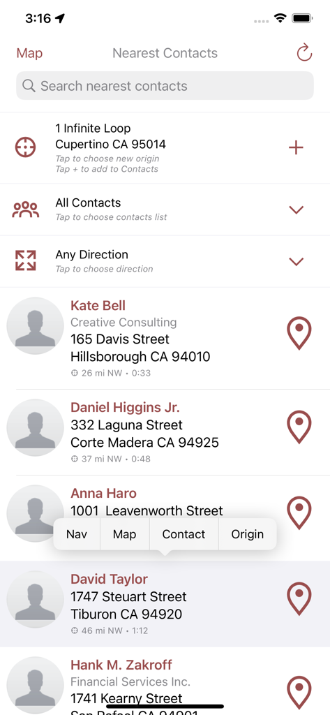 Nearest Contacts - A list of contacts in the Nearest Contacts app showing names, physical addresses, distances, and estimated travel times from a specific location