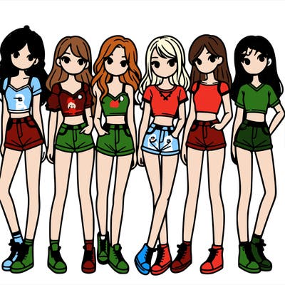 a group of girls wearing crop tops and shorts