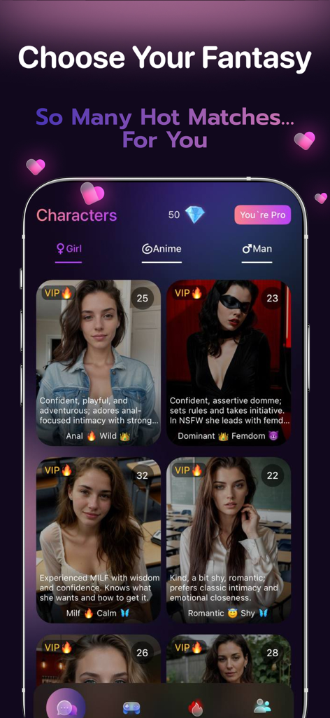 AI Girlfriend: Virtual Fantasy - Pantalla de selección de personajes de la aplicación AI Girlfriend que muestra diferentes perfiles de compañeros virtuales con diversas personalidades y apariencias