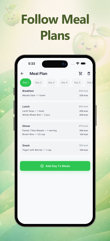 Nutoriq - AI Calorie Tracker - Nutoriq AI calorie tracker interface displaying a daily meal plan with Indian food dishes and calorie counts
