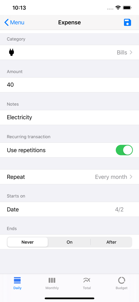 Adding a monthly recurring electricity bill in the Expense monitor pro app
