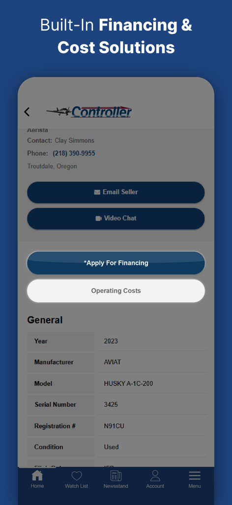 Controller: Aircraft for Sale - Anúncio de aeronave no aplicativo Controller apresentando especificações técnicas e opções de financiamento.