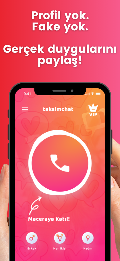 Taksim Chat - Muhabbet hattı - 큰 중앙 음성 통화 버튼과 익명 채팅을 위한 성별 선택 옵션이 있는 탁심 챗 모바일 앱 인터페이스