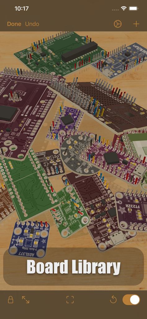 iCircuit 3D - Uma coleção de várias placas de circuito eletrônico e microcontroladores exibidos na biblioteca de placas do iCircuit 3D.