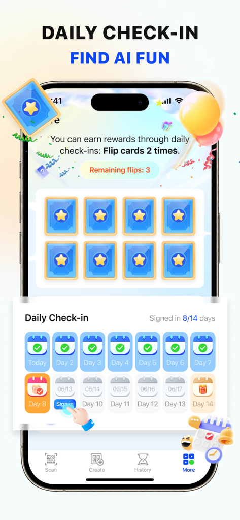 QR Scanner & AI Card - Pantalla de registro diario que muestra un calendario de recompensas y tarjetas interactivas para voltear en la aplicación Escáner QR y Tarjeta IA.