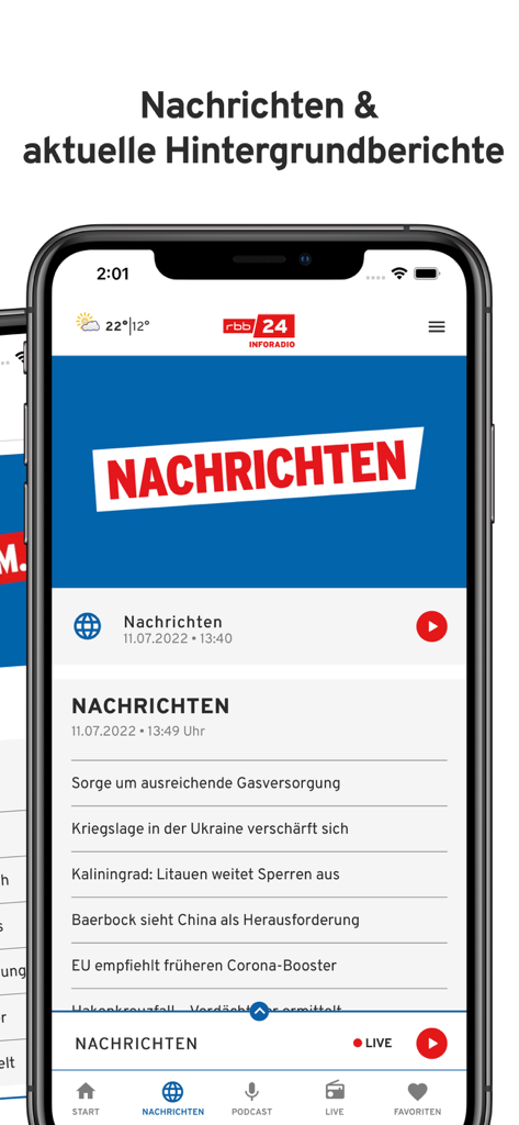 rbb24 Inforadio - rbb24 Inforadio app news interface showing current German news headlines and live radio player