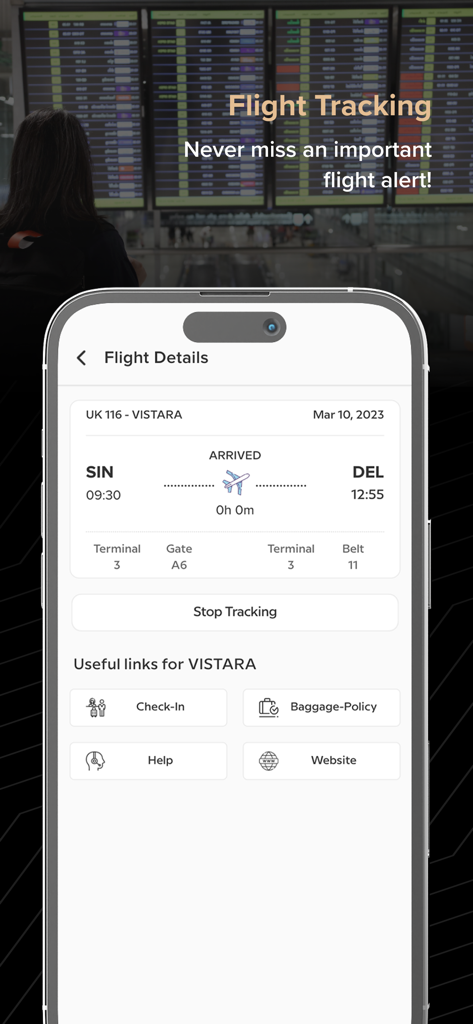 Travel VIP - Real time flight tracking screen in the Travel VIP app showing arrival status and gate information