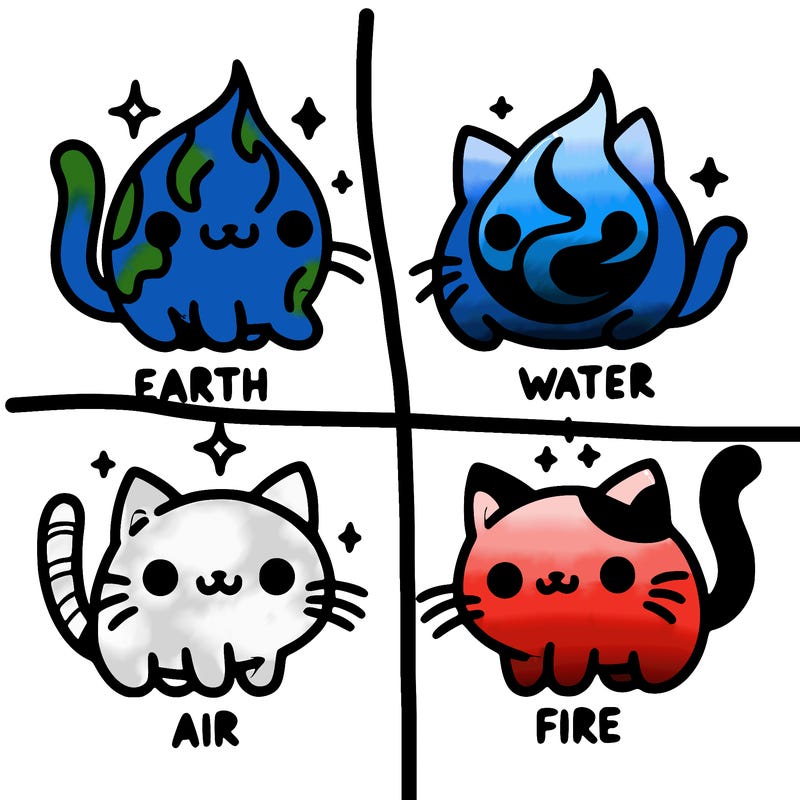 4 cats that represent the different elements, earth, water, air, and fire