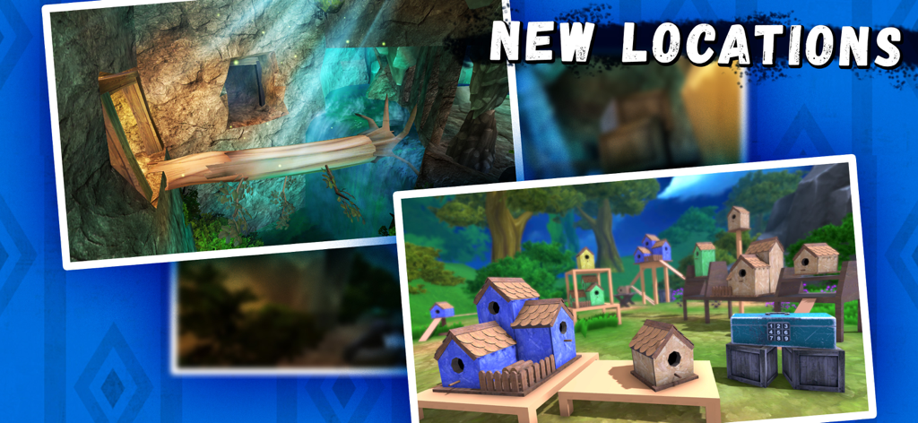 Angry Boy Pedro and His Friend - Collage mostrando nuevas ubicaciones del juego, incluyendo una cueva misteriosa y un campo de acertijos de casitas para pájaros