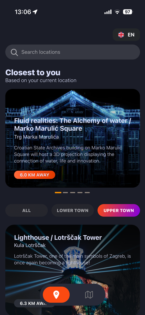 FoL Zagreb - Aplicación Festival de las Luces Zagreb mostrando instalaciones de luces y navegación de la ciudad