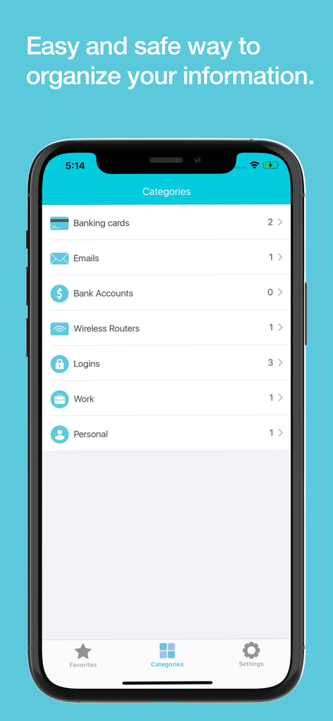 8Password - Password Manager - 8Password mobile app interface showing organized data categories for banking emails and logins